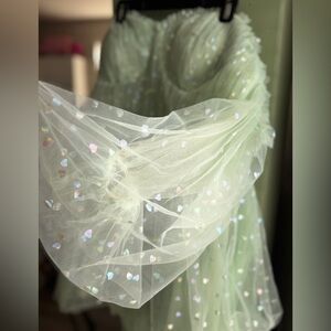 Fairy Holographic Hearts Mini Tulle Lined Satin Green Sleeve “Strapless” Dress